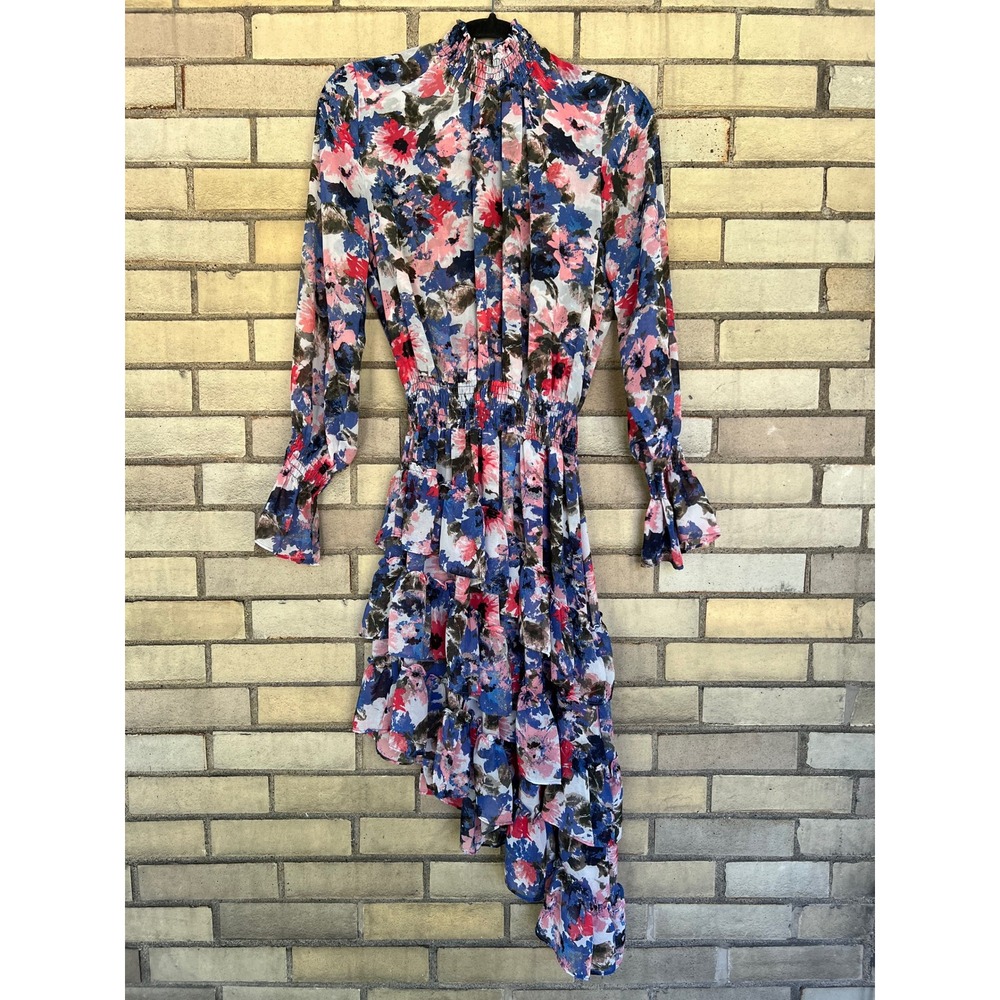 Revolve MISA Savanna Floral Smocked Asymmetrical Midi Dress Blue Pink Medium - Picture 4 of 7